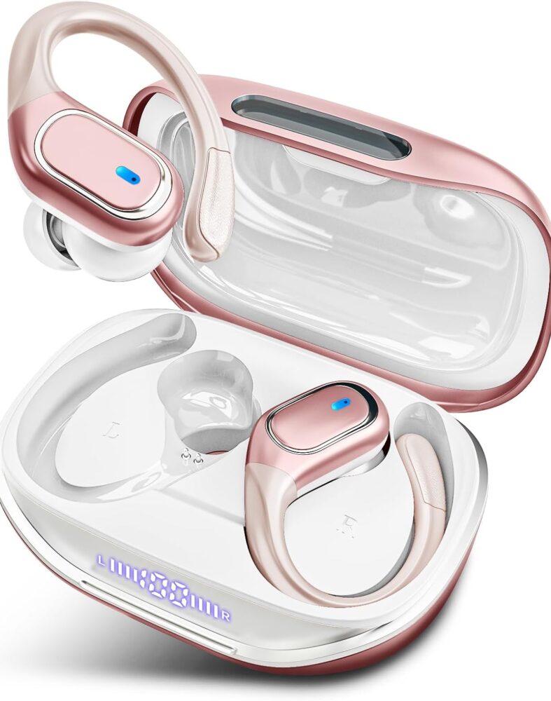 HAOYUYAN Wireless Earbuds Bluetooth 5.3 Headphones with 80H Playback, IPX7 Waterproof Over Ear Buds with LED Power Display for Sports Running Workouts(Champagne Gold)