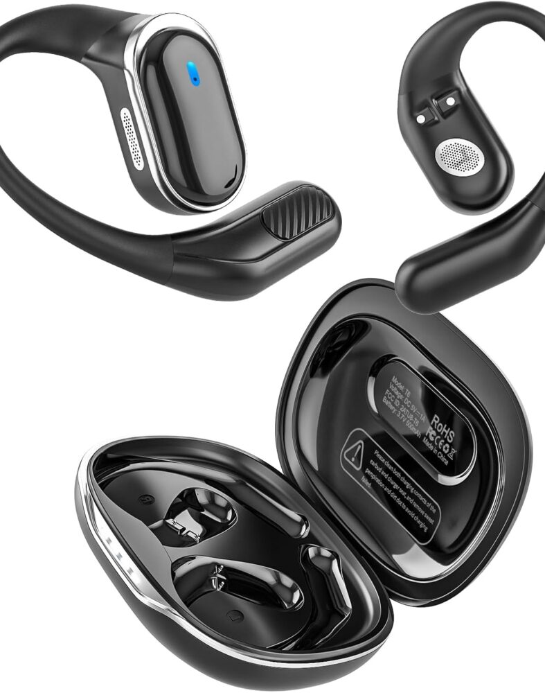 Open Ear Wireless Earbuds Bluetooth Headphones, 80H Playtime Stereo Ear Buds with ENC Noise Cancelling, Fast Charging, IPX7 Waterproof Sports Earphones with Earhook for Running/Workouts (Black)