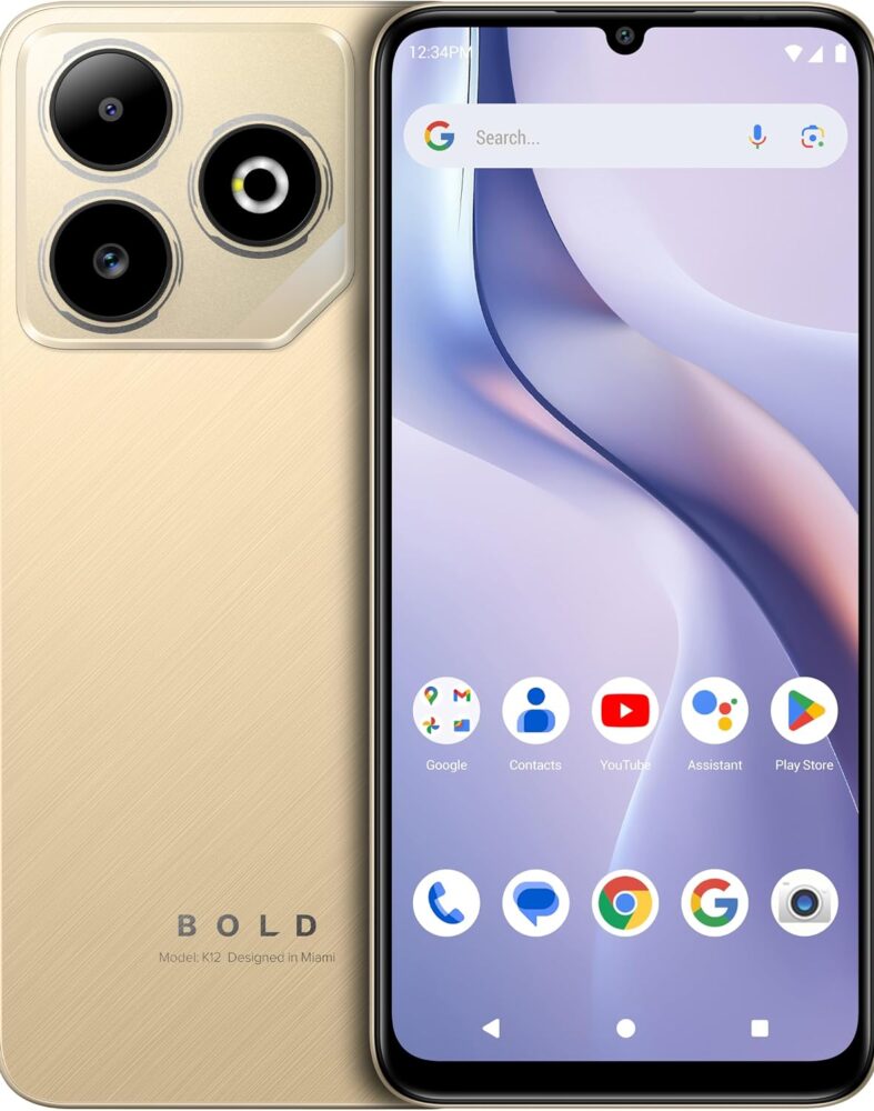 BLU Bold K12 | 2025 | Unlocked | 6.8” HD+ 120Hz Infinity Display | 50MP Main + 8MP Selfie Cameras | 128GB Internal Storage | US Version | US Warranty | Champagne Gold